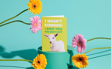 A greeting card with a goat illustration and the text 'I WASN'T KIDDING! I GOAT YOU THE BEST GIFT' stands upright on a teal pedestal. The card is styled with yellow and pink flowers against a teal background. Photo: Michelle Jarni